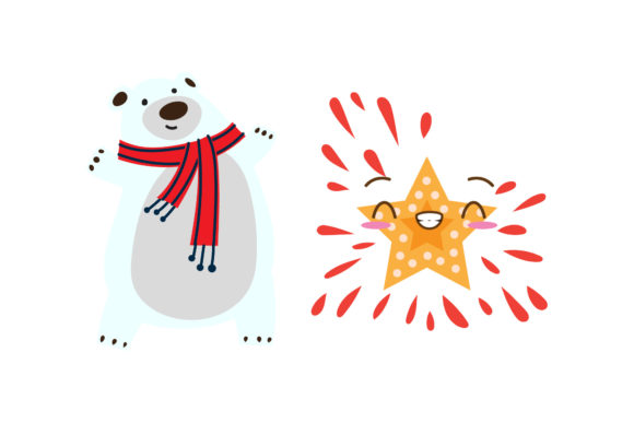 Bear and Star Set Christmas Vector Illustrations
