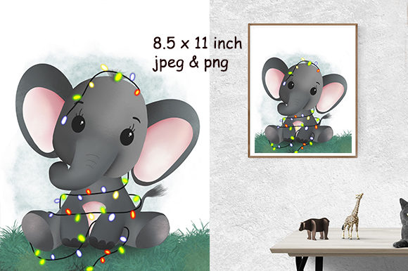 Cute Baby Elephant with Christmas Lights Illustrations