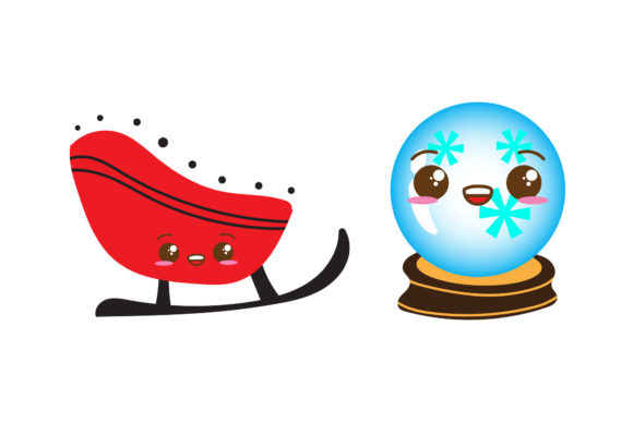 Santa Sled Snowball Set Christmas Vector Illustrations