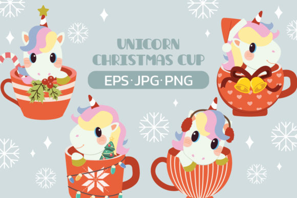 Unicorn in Christmas Cup Clipart Illustrations